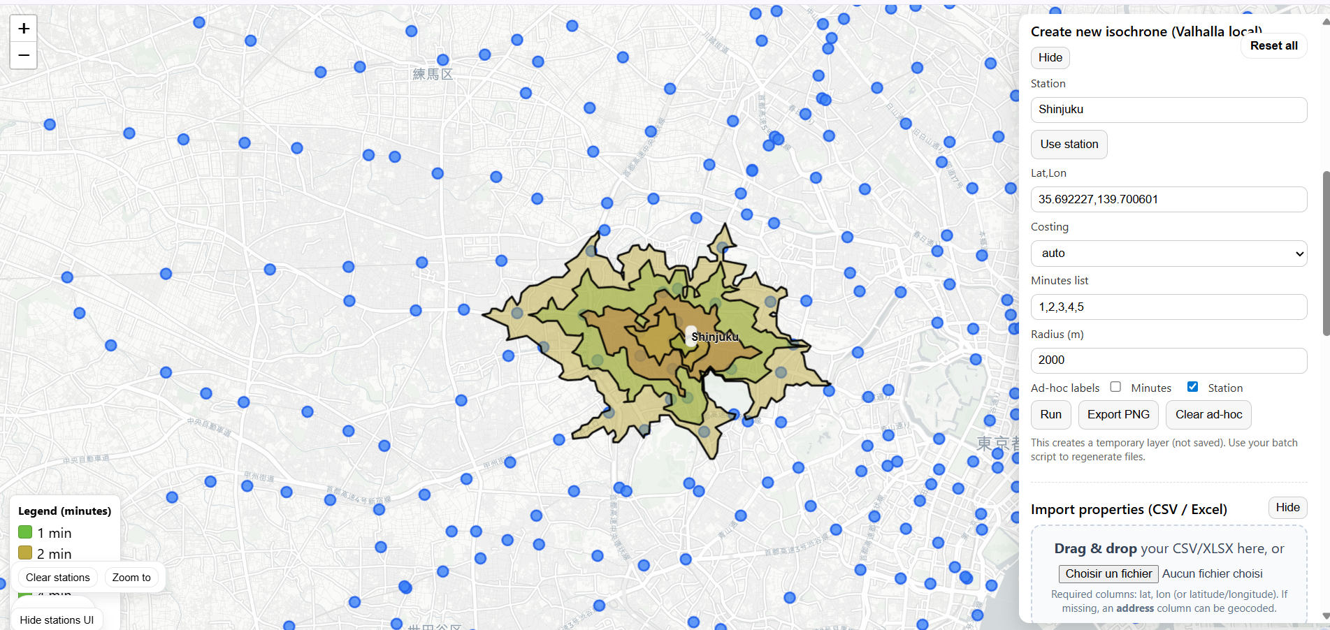 Isochrone map around a Tokyo station